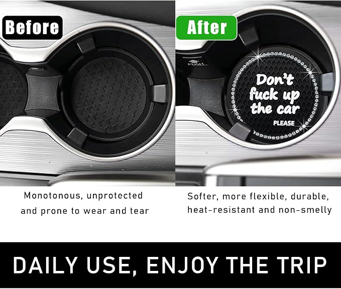 Ohleats Bling Car Cup Coaster, 2.75 Inch Non-Slip Don't Fuck Up My Car Please Cup Holder Insert Coaster, Crystal Rhinestone Auto Drink Cup Mat, Universal Car Accessories (Black-4PCS)