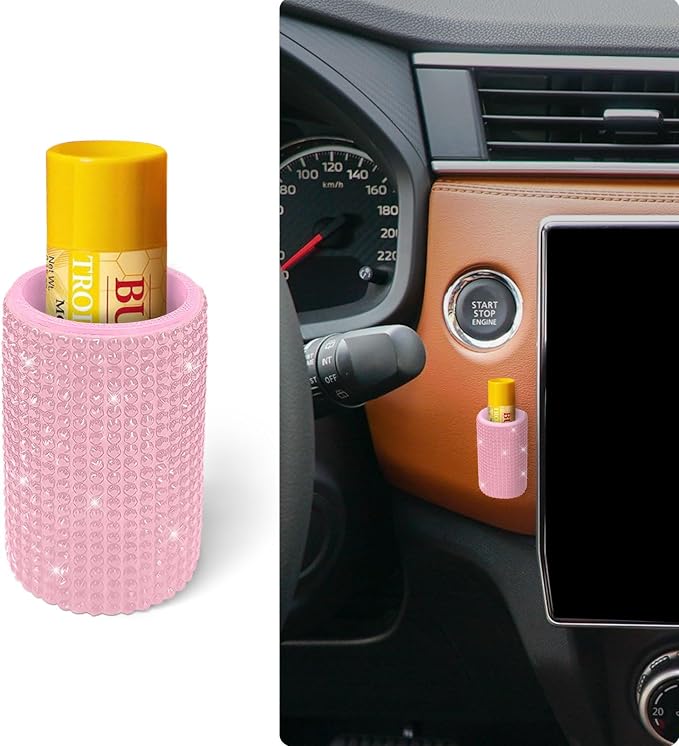 Upright Car Chapstick Holder, Bling Insulating Lip Balm Holder,Rhinestone Car Accessories for Women Interior ,Suitable for Most Vehicles. (Pink)