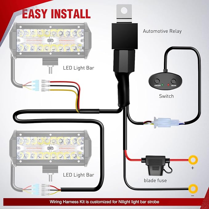 Nilight 16AWG Wiring Harness Kit 2 Leads Specially Customized for 6 Modes Amber White Strobe Light Bar Off Road LED Work Light 12V On Off Switch Remember Function Reset Function