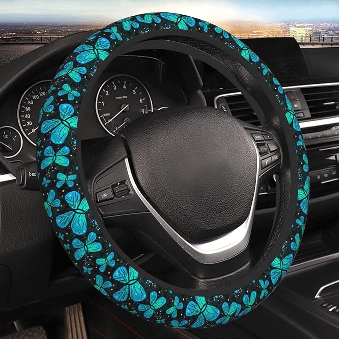 Butterfly Turquoise Green Steering Wheel Cover For Women Men Girls Car Accessories Decor Anti-Slip Neoprene Auto Steering Wheel Covers Protector Universal 15 Inch