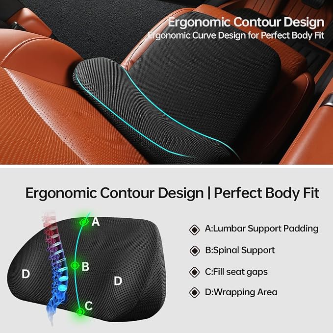 1P Car Lumbar Support with Ergonomic Structure, Suitable for Office Chairs, Gaming Chairs and Car Seats, Memory Foam Material with Breathable Mesh Fabric, Long-Lasting Lumbar Support