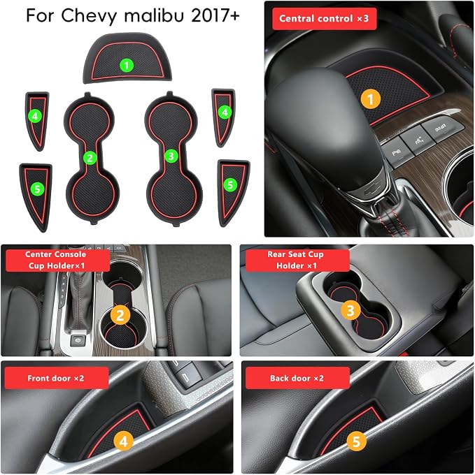 Auovo Cup Holder Inserts Coaster Center Console Liners Compatible with Chevy Malibu Accessories 2017-2025 Silicone Cup Mat Pad Door Liners Car Interior Decoration(Red, 7PCS-with Door Liners)