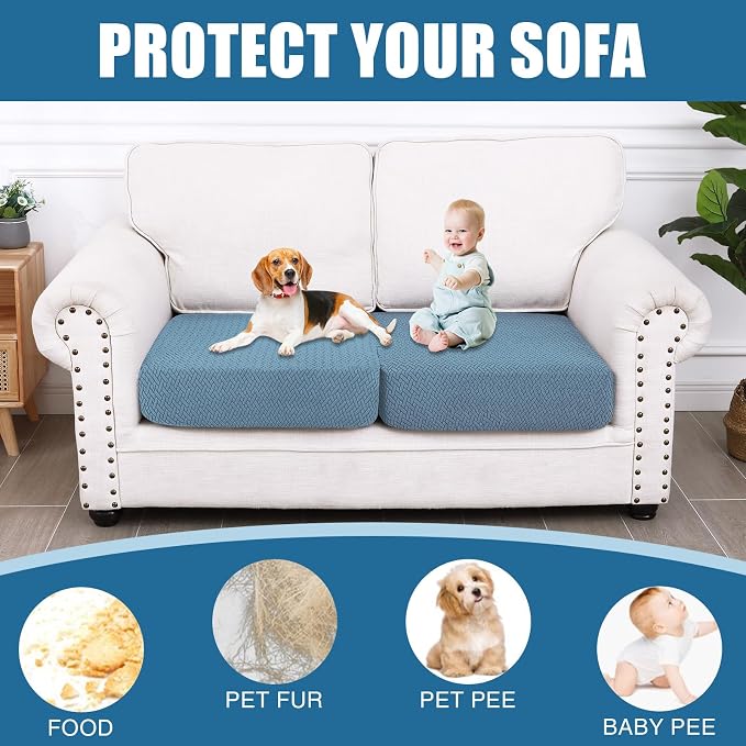 Smiry Waterproof Couch Cushion Covers, Stretch Jacquard Thick Sofa Cushion Covers, Washable Seat Slipcover Elastic Furniture Protector for Pets, Kid (2PC, Blue)