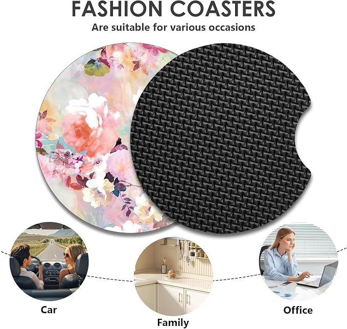 2 Pack Car Coasters，2.75-inch Neoprene Non-Slip Cup Holder Coasters for Car，Cute Car Interior Accessories for Men and Women，Pink Flower