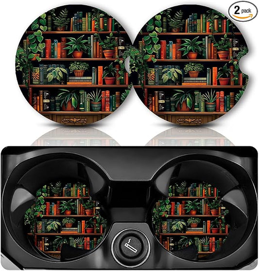 Yonlevres Car Coasters for Cup Holders，2.75" Universal Size Anti Slip Rubber Mat with A Finger Notch, 2 Pack Cup Holder Coasters for Car Interior Accessories for Women Men Vintage Bookshelf