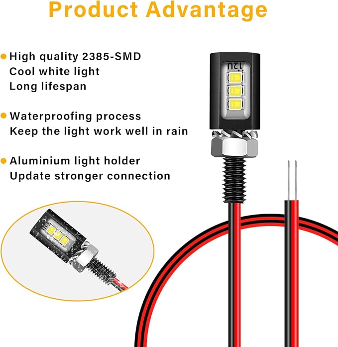 LED License Plate Light,License Tag Screw Bolt Lamp,12V White LED Bulb, Waterproof/Rainproof IP68 Aluminium Light Holder, Legal for Car Motorcycle Truck RV ATV Bike 2PCS (Black)