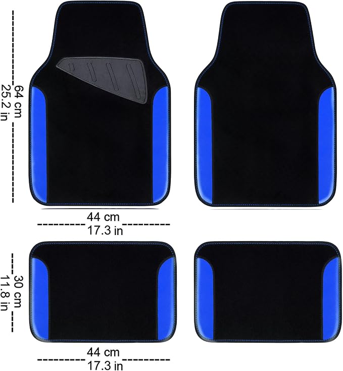 CAR PASS Rainbow Waterproof Universal Fit Faux Leather Car Carpet- Anti-Slip Nibbed Backing Floor Mats for SUV, Vans, Sedans, Trucks, Automotive Set of 4pcs (Black with Blue)