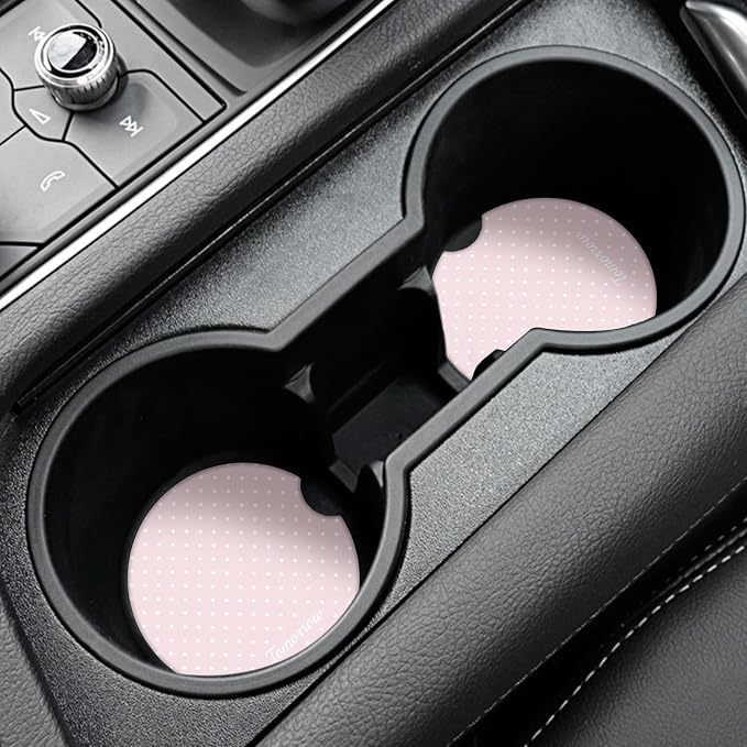 Cute Fashion Polka Dot Car Coasters 2 Pack for Cup Holders, 2.56 Inch Finger Notch Retro 70's Style Ceramics Heat Resistant Anti Slip Cork Base Car Drinks Coasters Auto Accessories-Pink