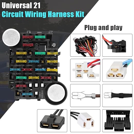 Universal 21 Circuit Wiring Harness Kit Standard Color 17 Fuses | Universal Extra Long Wire 21 Circuit Wiring Harness for GM Chevy Chrysler Dodge Ford Hotrods Plymouth Mopar Mercury Ratrods
