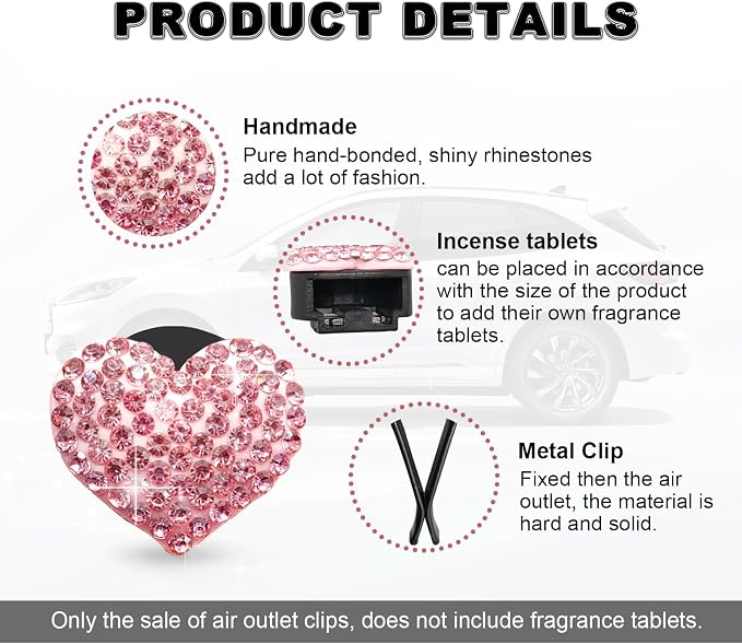 2Pcs Bling Crystal Heart Charms Car Vent Clips - Air Conditioning Outlet Decorative Accessories for Women and Men (Pink)