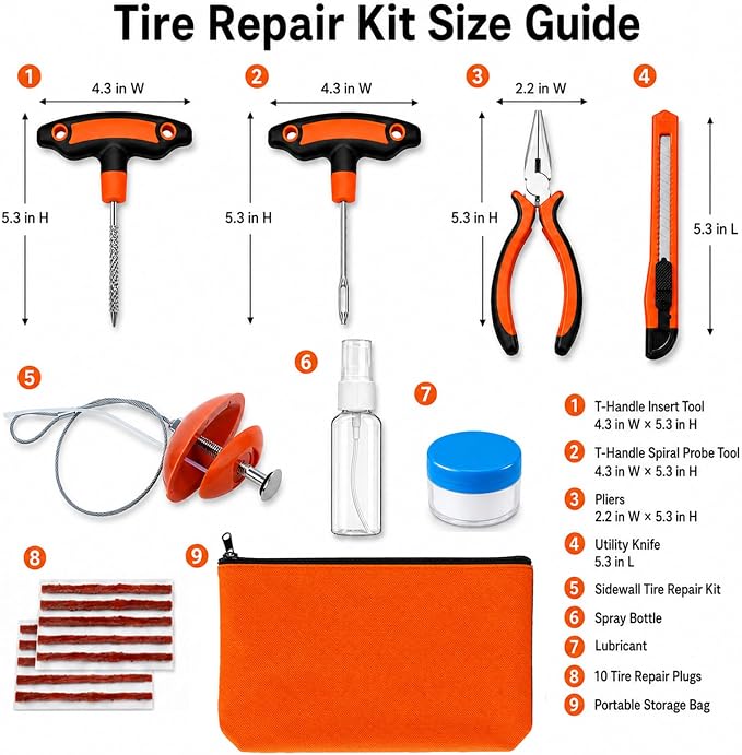 Flat Tire Repair Kit with Plugs 18 Pcs,Heavy Duty Sidewall Tire Repair Patch Tool Kit for Car,Motorcycle,ATV,UTV,SXS,Truck,Tractor,Parches para Llantas De Carro
