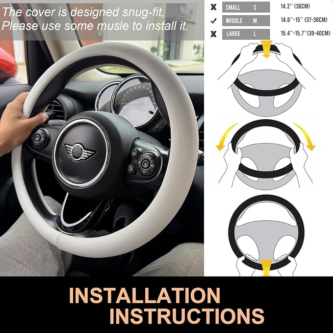 PINCTROT Nappa Leather Steering Wheel Cover, Slim Fit No Bulk Design, One Piece Leather with Breathable Perforation, Fit Like Gloves, Universal 14.5-15 Inch(Nappa White)
