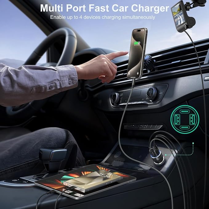 65W USB C Car Charger, 4 Port Fast Cigarette Lighter USB Charger Adapter | QC/PD 30W Car Phone Charger, Dual 12V USB Car Outlet Adapter Plug for iPhone 16 15 14 13 iPad Pro,Samung(Black)