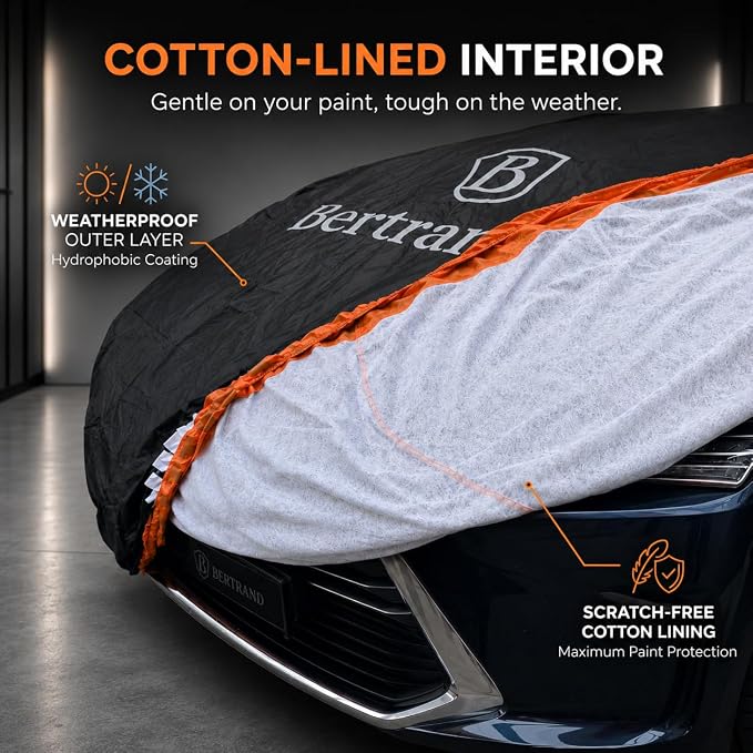 BERTRAND Heavy Duty Sedan Car Cover Waterproof All Weather - Snow, Rain & UV Outdoor Protection | Cotton-Lined, Up to 8-Point Anchoring + Door Zipper | XXL Sedans, Black-Orange (213x79, A4)