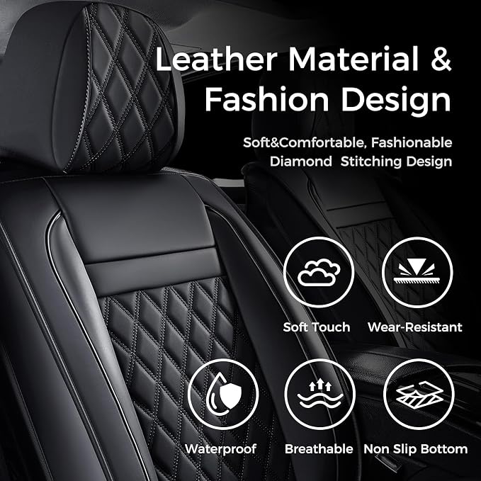 Huidasource Seat Covers Full Set, 5 Layers Full-Cover Leather Seat Cover Hollow Design Airbag Pops, Front ＆ Back Seat, Seat Covers for Most Cars, Vans, Trucks, SUVs Universal Fit (Full Set/Black)