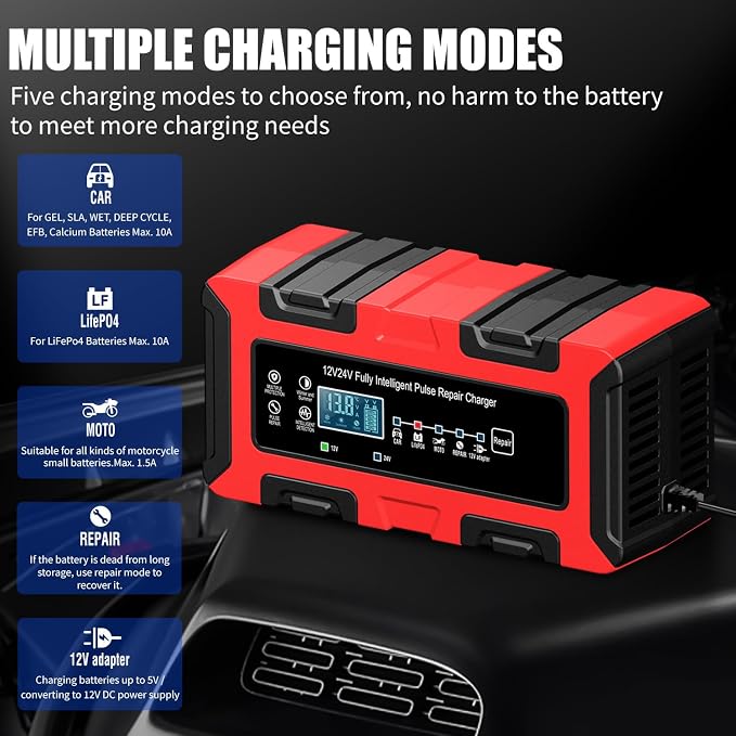 12V/24V 10Amp Smart Car Battery Charger, Automatic Maintainer & Trickle Charger, Desulfator, Temp Compensation, Overcharge Protection for Automobile Truck Motorcycle Boat LiFePO4 AGM Gel STD Batteries