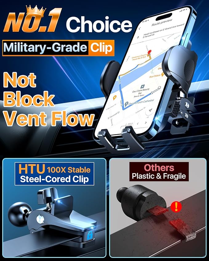 HTU 2026 Ultimate Best【True Military-Grade & Safety Cert】 Car Phone Holder | 【Upgraded 360 Rotation & 100LBS Strongest Suction】5-in-1 Truck Windshield Dashboard Vent Mount Stand for iPhone Android,Black