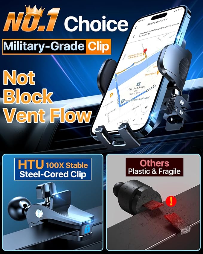 HTU 2026 Ultimate Best【True Military-Grade & Safety Cert】 Car Phone Holder | 【Upgraded 360 Rotation & 100LBS Strongest Suction】5-in-1 Truck Windshield Dashboard Vent Mount for iPhone Android, Deep Black