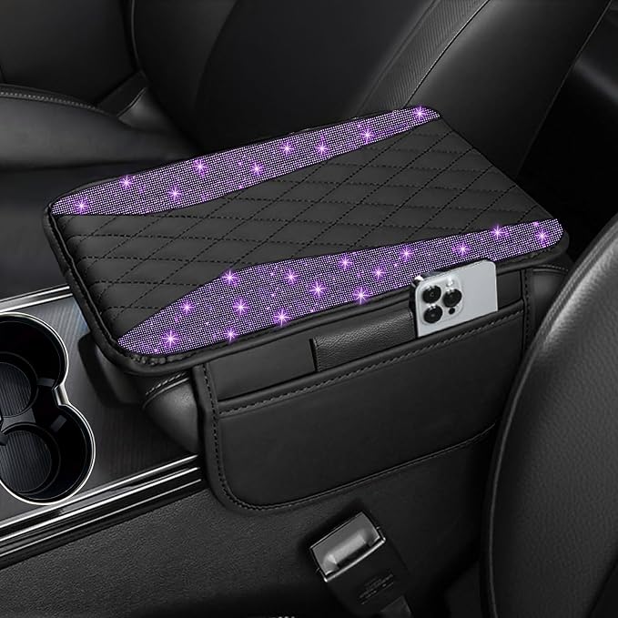 NBTEPEM Bling Purple Car Center Console Cover, Leather Middle Console Cover with 2 Storage Bags, Universal Arm Rest Cover, Bling Car Accessories Interior Fit for Most Vehicles, Purple Diamond