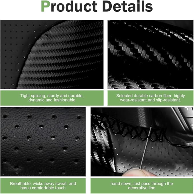 Car Leather Steering Wheel Cover, Breathable Perforated Anti-Slip Wrap, Anti-Scratch Microfiber Steering Wheel Protector, DIY Stitch on Wrap for Most Cars Trucks Pickups (Black)