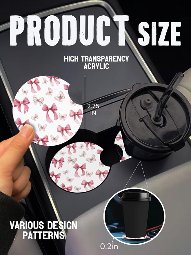 Car Cup Coasters,2 Pack Car Coaster,2.75inch Anti Slip and Absorbent Cars Coasters for Cup Holders,Car Accessories for Women,Cute Decor for Women (Butterfly Bowknot)