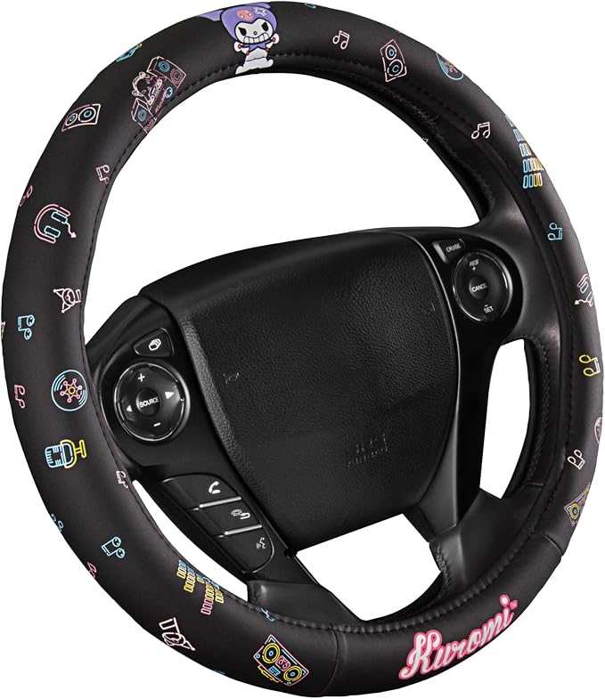 Sanrio Hello Kitty and Friends Kuromi Black Car Steering Wheel Cover, Universal Fit Cute Accessories for Women Stylish Decor Gifts Hello Kitty Accessories - Fits Standard Wheels 14.5"-15"