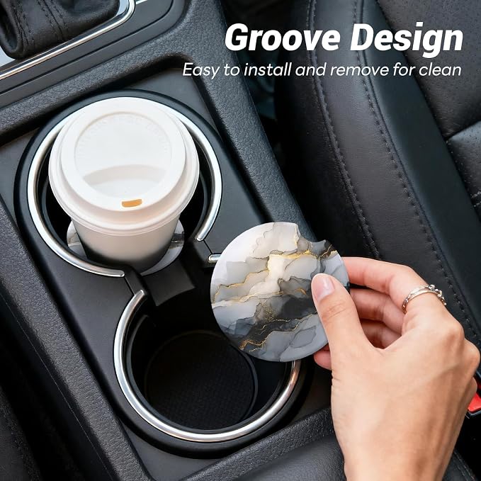 2 Pack Ceramic Car Coasters for Cup Holder, 2.56 in Anti Slip Absorbent Coaster with Cork Base and Finger Notch, Funny Cute Car Accessories for Women, Black Stone
