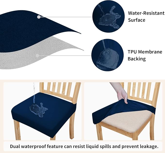 Easy-Going 100% Waterproof Seat Covers for Dining Room Chairs Set of 4, Stretch Chair Seat Slipcovers Protector Removable and Washable Kitchen Dining Chair Covers, Navy