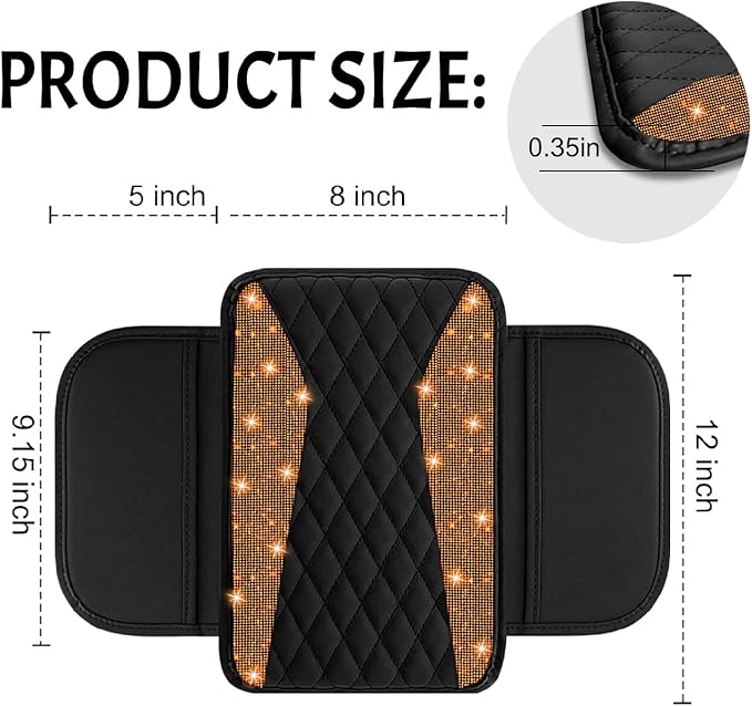 NBTEPEM Bling Car Center Console Cover, Leather Middle Console Cover with 2 Storage Bags, Universal Arm Rest Cover Protector, Bling Car Accessories Interior Fit for Most Vehicles, Orange Diamond