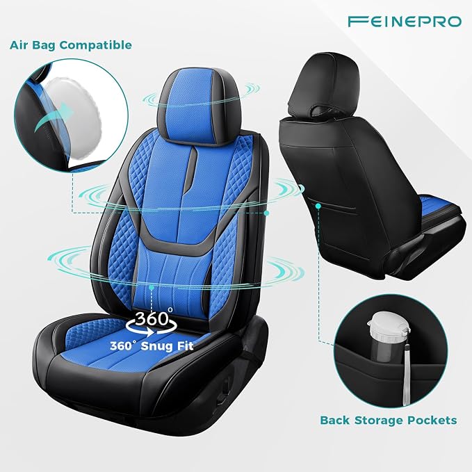Universal Car Seat Covers for SUVs Sedans Trucks BlackBlue | universal fit, faux leather, waterproof, breathable, stain/scratch resistant, airbag compatible, anti-slip, easy install