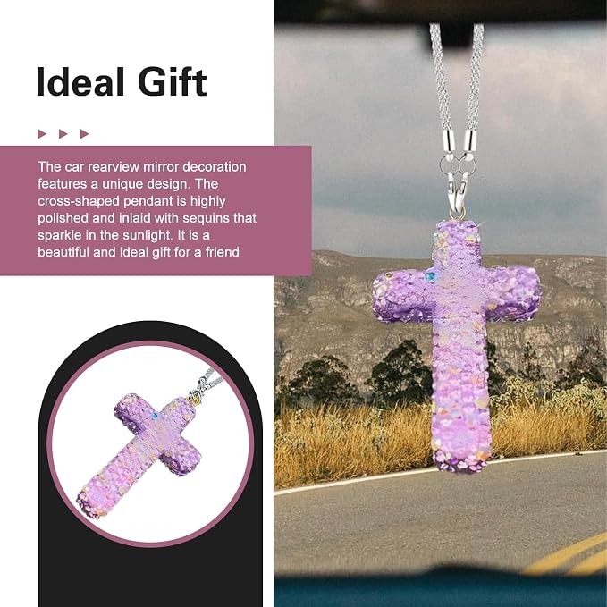 Bling Cross Car Hanging Accessories, Crystal Rhinestone Rear View Mirror Pendant, Religious Rearview Mirrors Decoration Charm, Car Hanging Ornament, Automotive Interior Accessories (Purple)