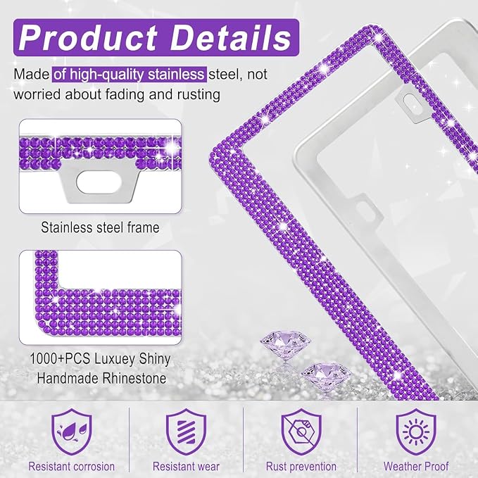 Amiss Bling License Plate Frame for Women, 1Pack Rhinestone Handcrafted Crystal Premium Stainless Steel, Stainless Steel Car Decorative Accessories with Diamond Sparkle Glitter Caps (Purple)