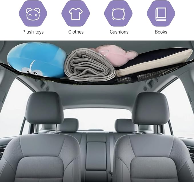 Car Ceiling Cargo Net, 31.5" x 21.7" Adjustable Buckle Heavy Duty Car Roof Storage, Double Layer Mesh Interior Organizer with Zipper, Universal for Cars, SUVs, Trucks