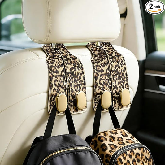 Car Hooks for Headrest: 2Pack Car Headrest Hook with Premium Leopard Leather - Double Metal Hooks - Purse Hook For Car - Car Headrest Hooks - Car Hooks for Purses, Handbags, Bags - Leopard