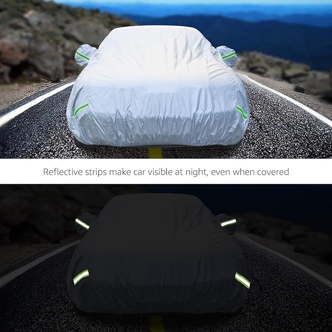 Amazon Basics Silver Weatherproof Car Cover, 150D Oxford, UV Protection, Snowproof, Dustproof for Sedans up to 190", with Reflective Strips and Straps