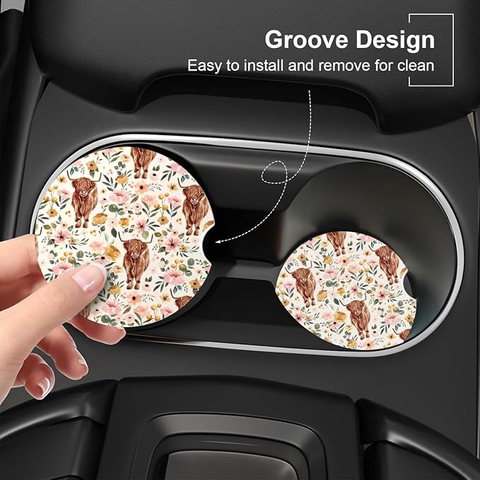 Ceramic Car Coasters – Absorbent Car Cup Holder Coaster Set for Women, Cute Aesthetic Car Accessories for Girls, 2 Pack (Mocha Mousse)