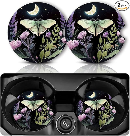 Yonlevres Car Coasters for Cup Holders，2.75" Anti Slip Rubber Mat with A Finger Notch, 2 Pack Car Cup Holder Coasters for Car Interior Accessories for Women Men Butterfly