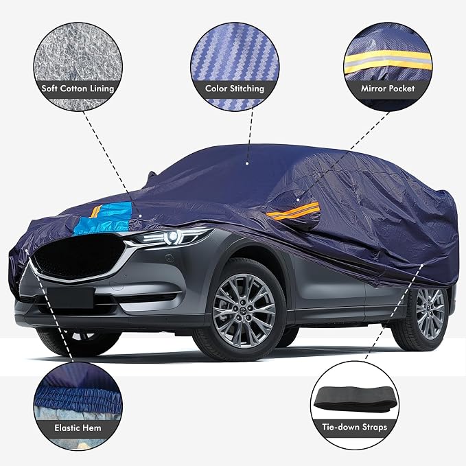 Car Cover Waterproof All Weather, 6 Layers Outdoor Full Exterior Cover Rain Sun UV Snowproof Protection with Zipper Cotton, Mirror Pocket for Mazda CX-5