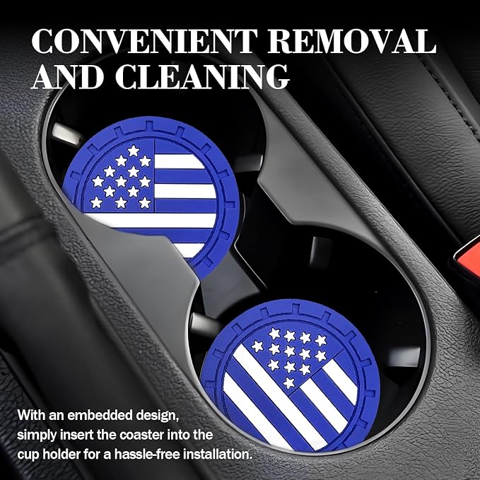 Automotive Universal Car Cup Holder Coasters 4 Pack, Non-Slip Silicone Cup Holder Insert 2.72~2.75 Inch, Anti-Skid Shockproof Drink Mat with Flag Design, Vehicle Interior Accessories Blue