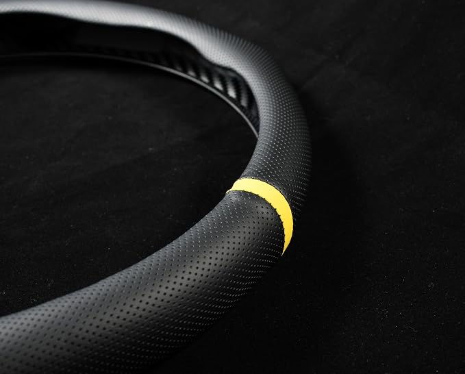 Quick Install Sporty Perforated Nappa Leather Steering Wheel Cover with Yellow Stripe Universal fit 14½" to 15" Car SUV Pickup 14.5 to 15 inches Napa