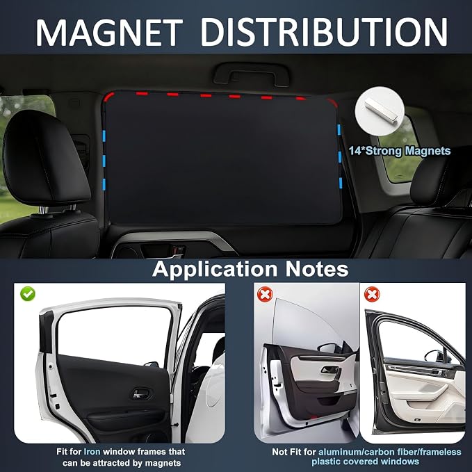 XCBYT Blackout Magnetic Car Window Shades for Rear Windows, 2 Pack | UV & Heat Protection, Magnetic Sun Shades for Baby Sleep, Privacy Nursing Covers, Fits steel frames only, measure first