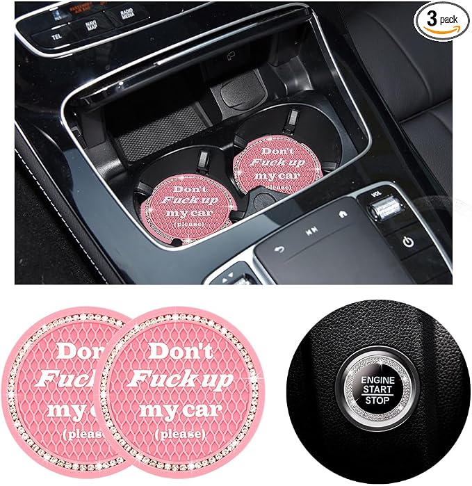 Ziciner 2 Pack Bling Car Cup Holder Coasters with Start Stop Button Cover, 2.75 inch Crystal Rhinestone Soft Rubber Auto Cup Insert Pad, Non-Slip Universal Vehicle Interior Accessories (Pink)
