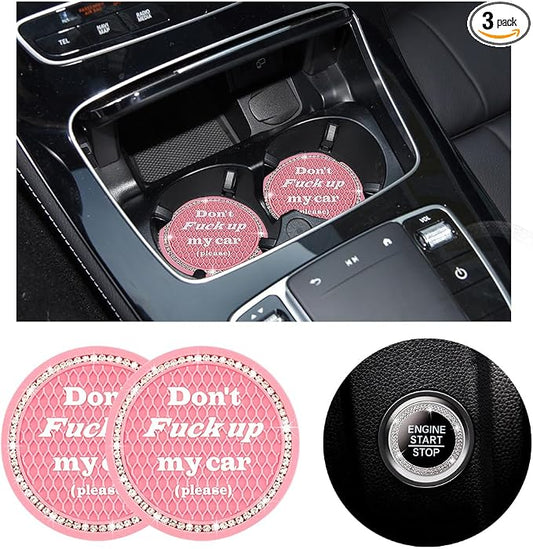 Ziciner 2 Pack Bling Car Cup Holder Coasters with Start Stop Button Cover, 2.75 inch Crystal Rhinestone Soft Rubber Auto Cup Insert Pad, Non-Slip Universal Vehicle Interior Accessories (Pink)