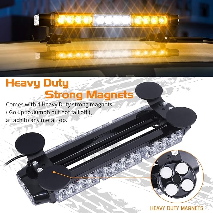LINKITOM LED Strobe Flashing Light Bar -Double Side 30 LED High Intensity Emergency Hazard Warning Lighting Bar/Beacon/with Magnetic for Vehicle Trucks Roof Safety (Amber&White)