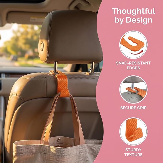 4PCS Car Seat Headrest Hooks, Auto Back Seat Hanger Holder, Durable Stylish Vehicle Organizer Universal Car Interior Accessories, Storage Hooks for Purses, Bags, Clothes (Carbon Fiber/Orange)