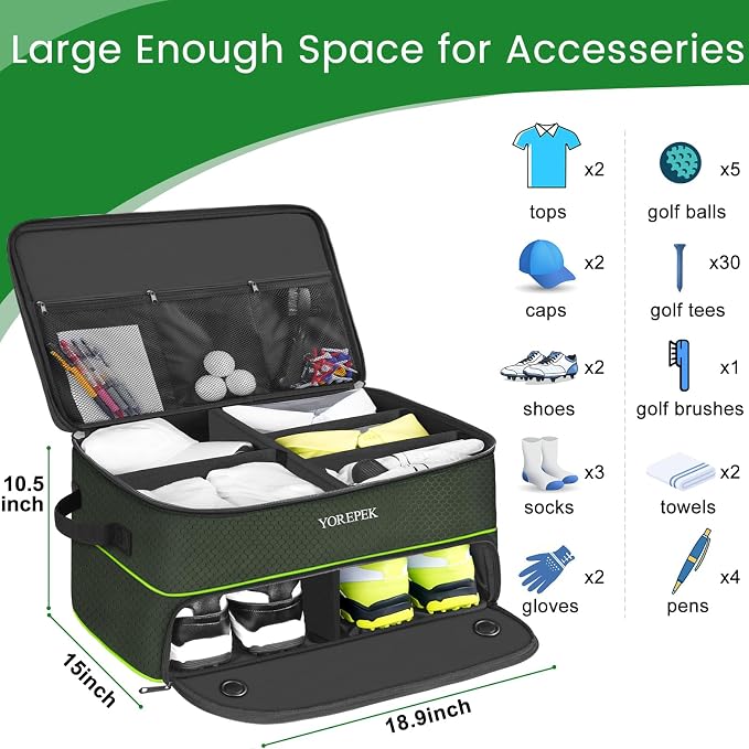 YOREPEK Golf Gifts for Men, 2 Layer Golf Trunk Organizer for 2 Pair Shoes | Waterproof Car Trunk Locker with Separate Ventilated Compartment for Balls, Tees, Clothes, Gloves, Birthday Gifts for Golfers