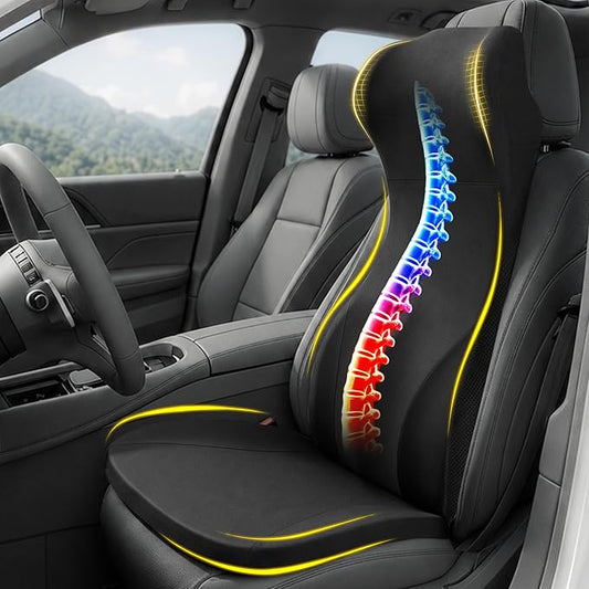Allaboutsla 2 Piece Car Seat Cushion, Back Support with Car Headrest Pillow | 3-in-1 Memory Foam Car Seat Cushions, Car Lumbar Support with Car Neck Pillow, Seat Support for Long Driving, Trucks, Black