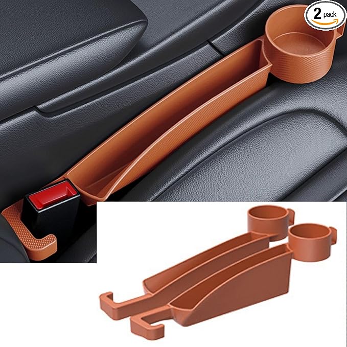 Car Seat Gap Filler Organizer 2 Pack, 4-in-1 Universal Car Seat Gap Plug with Cup Holder & Storage Hook, Front Seat Console Gap Stopper Prevents Dropping, Fits Most Cars SUVs Trucks (orange)