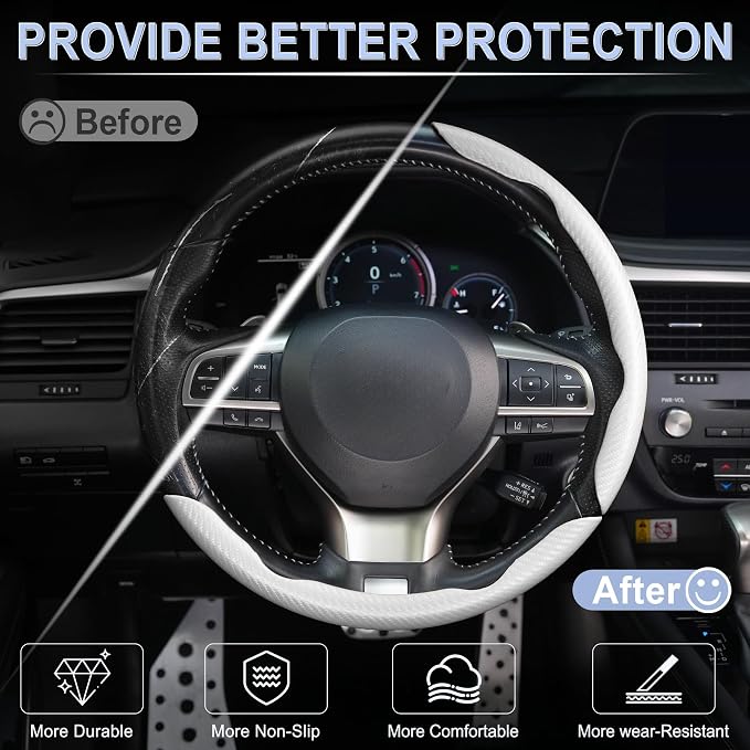 Amiss 3pcs Carbon Fiber Anti-Skid Steering Wheel Cover, Waterproof & Segmented Butterfly Design, Universal 99% Vehicle Wheel Cover Protector, Car Interior Accessories (White-3pcs)