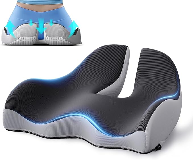 Benazcap XL Ergonomic Seat Cushion Relieves Sciatica & Tailbone Pain | Memory Foam cushion, washable cover & anti-slip base, long-sitting pad for office, gaming and car seats Black & Grey